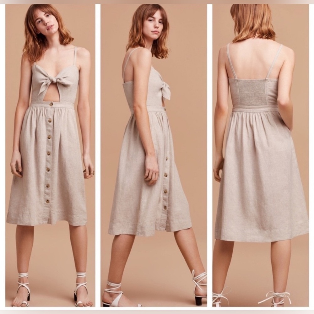 Aritzia Wilfred Linen 100% Adelia Midi Dress Cut Out inNutmeg, size 10